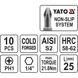 Końcówki wkrętakowe ph1x25 mm, kpl. 10 szt. YT-0474 YATO