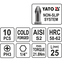 Końcówki wkrętakowe ph3x25 mm, kpl. 10 szt. YT-0476 YATO