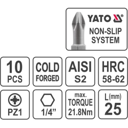 Końcówki wkrętakowe pz1x25 mm, kpl. 10 szt. YT-0470 YATO